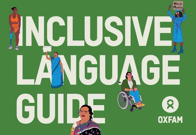 Drawings of Black woman w/prosthetic leg, two Indian women in saris, woman in wheelchair, book title, and Oxfam logo