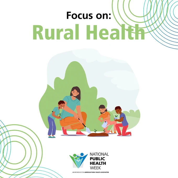 'Focus on: Rural Health’ with an illustration of an adult and three diverse children outside gardening, the NPHW logo below and a design of concentric circles around