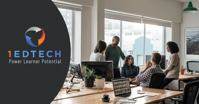 Left side: 1EdTech logo with three arrows (white, orange and blue) in a circle; 1EDTECH Power Learner Potential
Right Side: photo of people meeting in a conference room