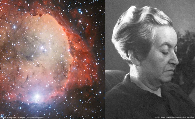 An image of a nebula next to a black and white portrait photo of Gabriela Mistral.