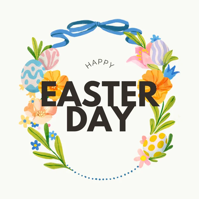A wreath of flowers and colorful eggs with the words, "Happy Easter Day" in the middle.