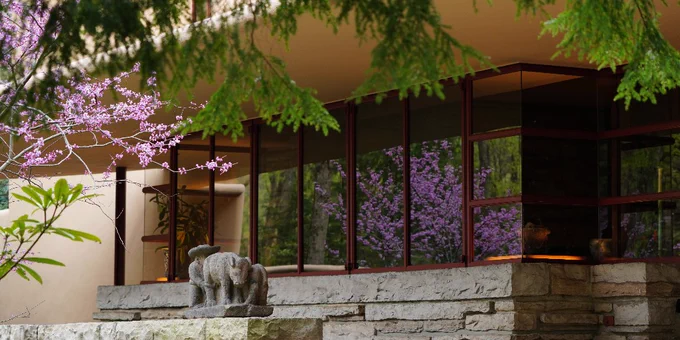 Rick Darke's photo of redbuds blooming in the reflection of the Guest House windows at Fallingwater captures his sentiments of "taking a walk within Fallingwater" perfectly.