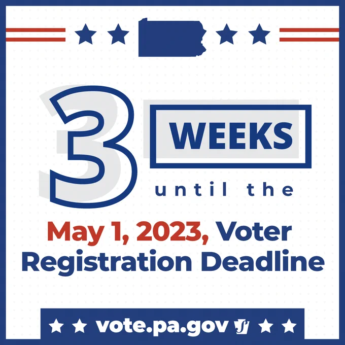 3 weeks until the May 1, 2023, voter registration deadline