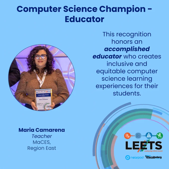 Photograph of honoree with name, title, school, region, title of award and description of award.