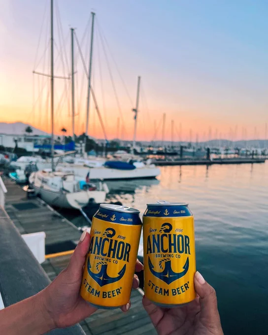 Two Anchor Beers in front of boats in the San Francisco Bay.