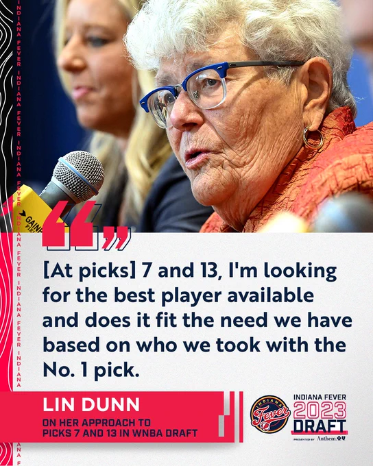 lin dunn quoted saying "(At) 7 and 13, I'm looking for, first, the best
player available, and does it fit the need that we have
based on who we took with the first pick."