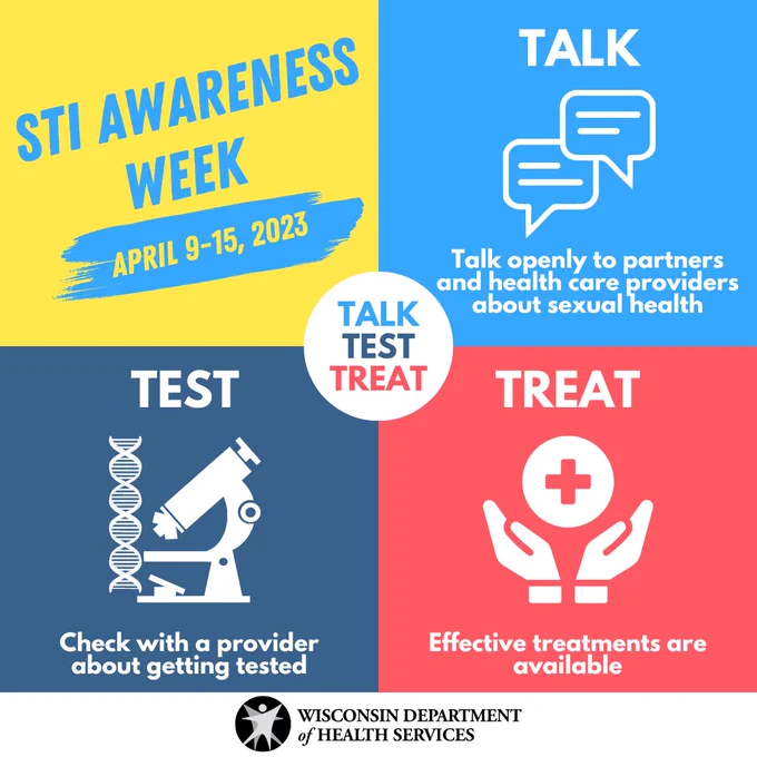 Multi-colored graphic announcing STI Awareness Week is here and the words Talk, Test, Treat. 