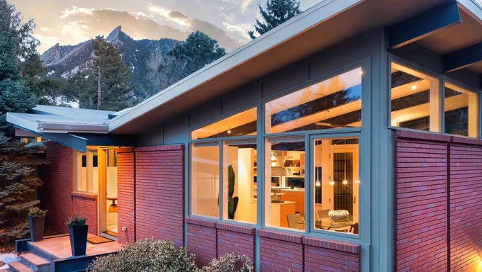 Exterior of modern home with mountains and evergreens behind
