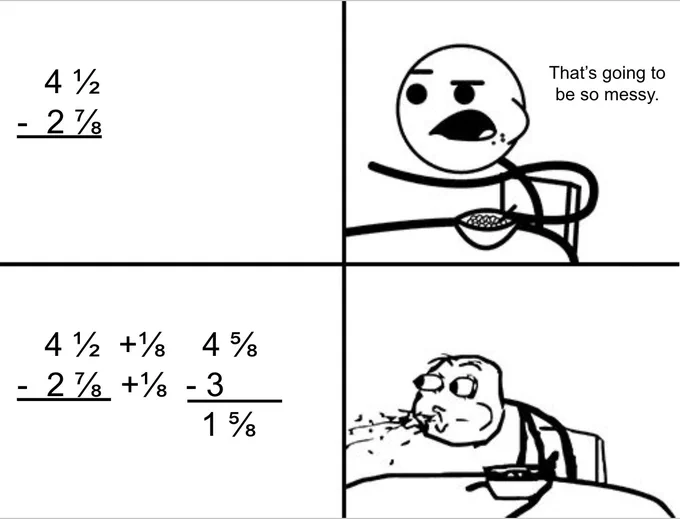 Person eating cereal looking at 4 1/2 - 2 7/8 saying "That's going to be so messy."

Person spitting out the cereal after seeing 1/8 added to both numbers to make it 4 5/8 - 3 to equal 1 5/8.