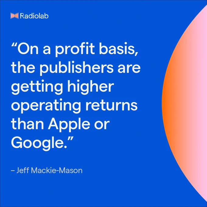 Deep blue quote card reads: "“On a profit basis, the publishers are getting higher operating returns than Apple or Google gets.” Jeff Mackie-Mason