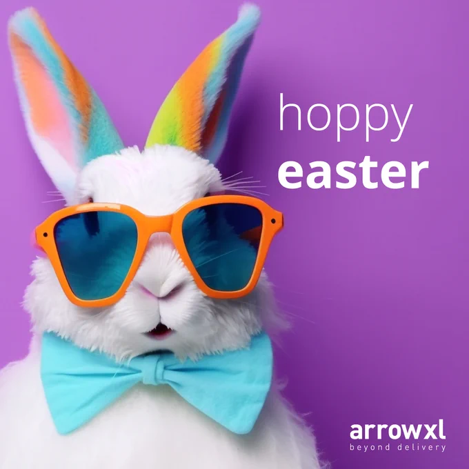 Image: a white rabbit with rainbow coloured ears, a blue bow tie and orange sunglasses. Text: hoppy easter