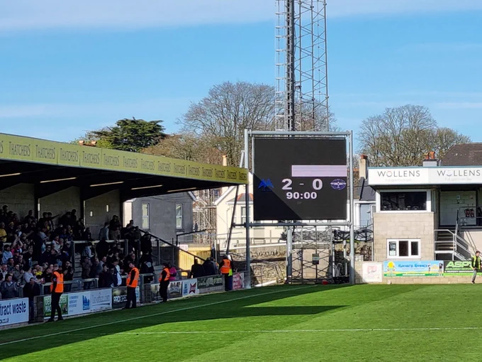 The very welcome 2-0 score displayed on the big screen at Full Time.