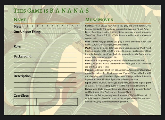Character Card preview for This Game is B-A-N-A-N-A-S. 

Traits include: Name, Plate (where you can record your current tiles), One Unique Thing, Role, Background, Description, and 3 Gear Slots.

Moves include: Banana, Berry, Cook, Mushy, Plant, Pluck, Plantain, Ripen, Rotten, Slip. 