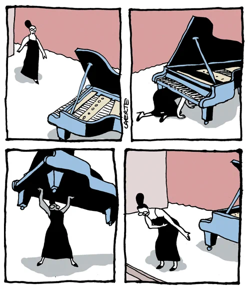 Na tira de Laerte, em 4 quadrinhos:
- uma mulher, de óculos, cabelo em coque e vestido preto longo, entra num palco onde há um piano de cauda.
- em seguida, a mulher fica de quatro e se enfia debaixo do piano.
- em seguida, a mulher ergue o piano no ar, acima da cabeça, como uma levantadora de peso.
- no último quadrinho o piano está de volta no piso do palco e ela faz uma mesura para agradecer, na direção da plateia.