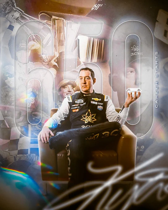 A graphic celebrating Kyle Busch's 650 NASCAR Cup Series starts. Kyle is seen in the center of the graphic, seated, holding a Diamond. Photos of Busch's career are collaged behind him. The numeral "650" and "Career Starts" are positioned behind him. 