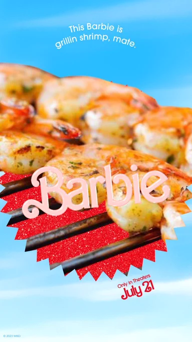 A Barbie poster featuring shrimp on iron bars that reads "This Barbie is grillin shrimp, mate."