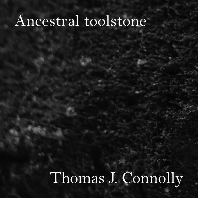 Zoomed in image of porous black rock with text “Ancestral toolstone Thomas J. Connolly”