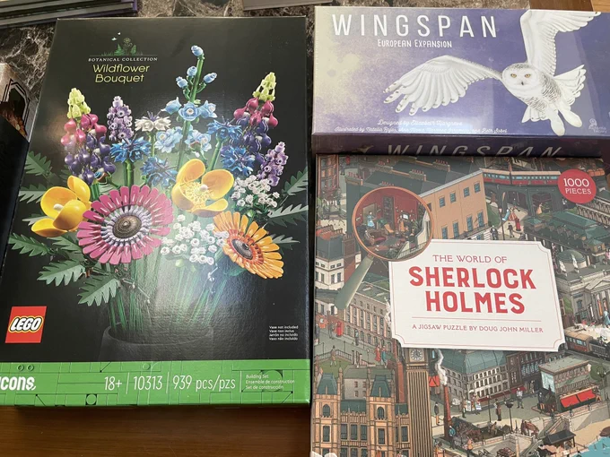 Lego wildflower bouquet, wingspan Europe’s expansion, Sherlock Holmes puzzle