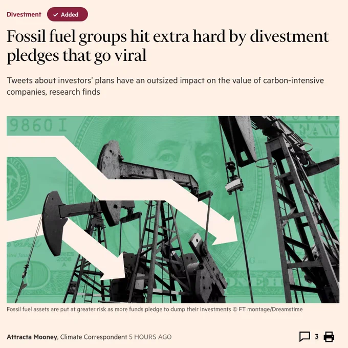 Screen shot of an article from the Financial Times with the title "Fossil fuel groups hit extra hard by divestment pledges that go viral". The article is based on new research called "Voice Through Divestment". It is possible to listen to the article at FT.com. https://www.ft.com/content/a446f9a7-2fcb-4d48-bdd8-2ff1dcbe1bb3