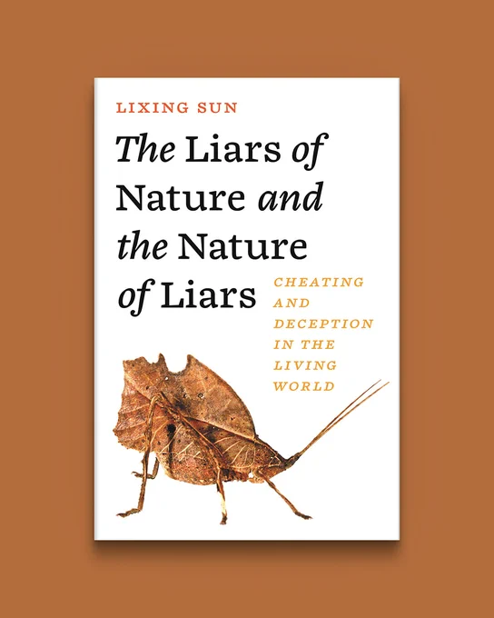 Burnt orange background with book cover of The Liars and Nature and the Nature of Liars. Cover is white with a leaflike insect in bottom left corner. Title takes up half the cover in black text.