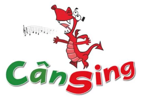 A Welsh dragon singing with the words 'CanSing' written below in colours green and red.