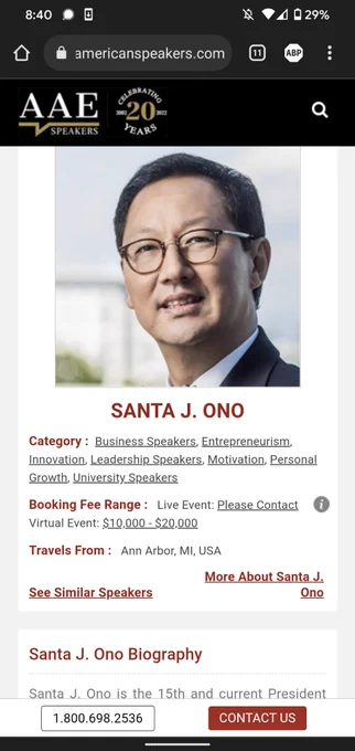 screenshot from AAE speakers website showing that Santa Ono makes $10,000-$20,000 per virtual speaking event