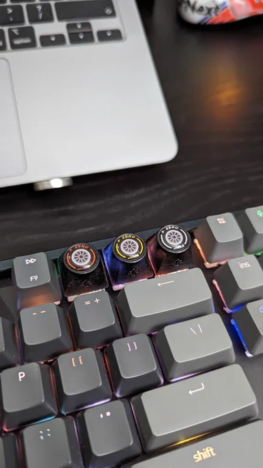 Keyboard keycaps in the shape of formula 1 tires