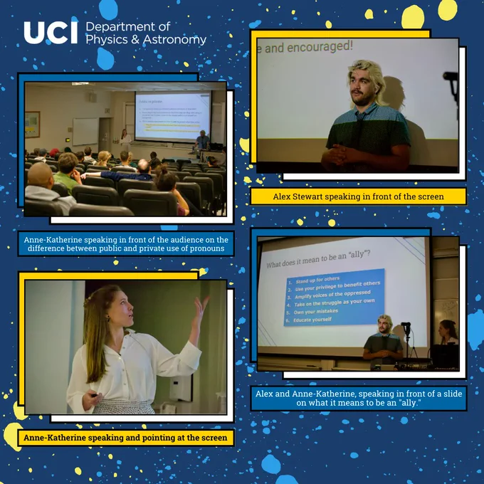 Top right: A photo of "Alex Stewart speaking in front of a slide". He has dyed-blonde hair, and is wearing a light blue collared shirt with a dark blue tie. Top left: a photo from the back of the auditorium of "Anne-Katherine speaking in front of the audience on the difference between public and private use of pronouns." Bottom left: "Anne-Katherine speaking and pointing at the screen." She is wearing a white button down shirt, and a black and white skirt. She has long blonde hair. Bottom right: "Alex and Anne-Katherine, speaking in front of a slide on what it means to be an "ally.""