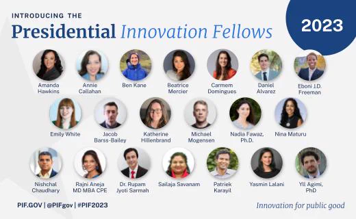 A collage of the Presidential Innovations Fellows cohort under the header "Introducing the 2023 Presidential Innovation Fellows"