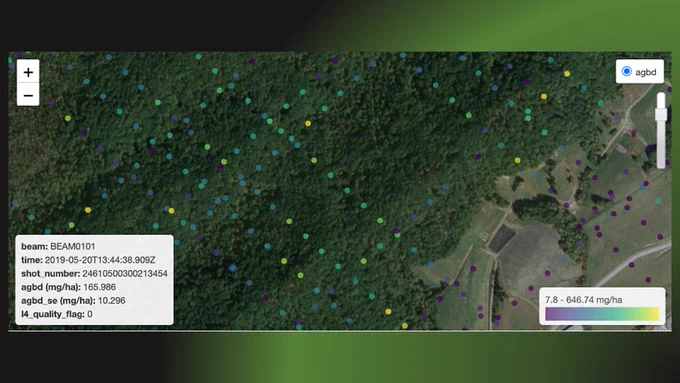 This image shows a subset of Global Ecosystem Dynamics Investigation (GEDI) Level 4A footprint-level aboveground biomass density in a forested area near Oak Ridge, Tennessee