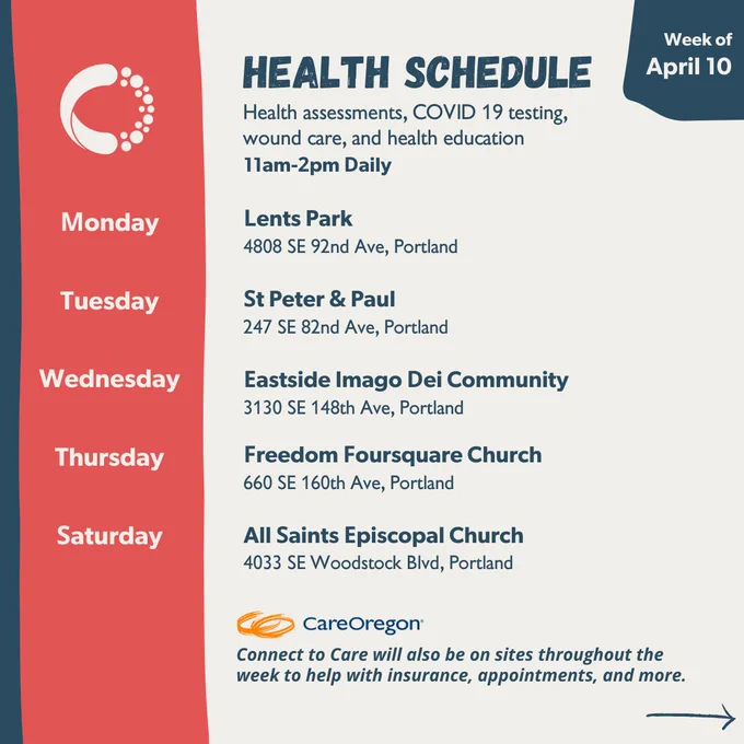 Image has a white background and a red column on the left side with English text reading “Health Schedule. Week of April 10. Health assessments, COVID 19 testing, wound care, and health education will be from 11 am - 2pm.  Lents Park on Monday, St. Peter & Paul on Tuesday, WeShine Village on Wednesday, Freedom Foursquare Church on Thursday, All Saints Episcopal Church on Saturday. Care Oregon Connect to Care will also be on sites throughout the week to help with insurance, appointments, and more.”