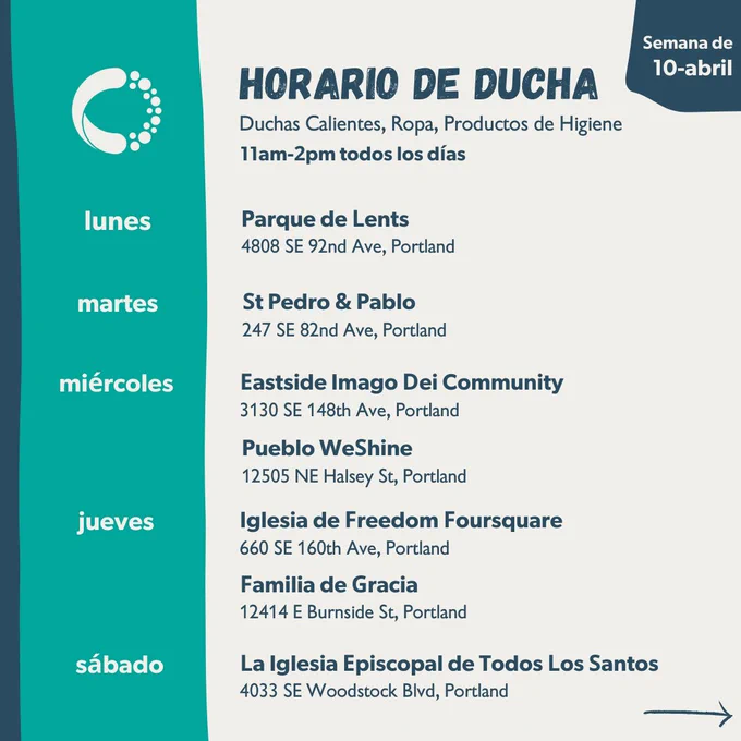 La imagen tiene un fondo blanco y una columna azul en el lado izquierdo con texto en español que dice "Horario de duchas". Semana del 10 de abril. Las duchas calientes, la ropa y los productos de higiene en todos los sitios serán de 11 a. m. a  2 p. m. Parque de Lents el lunes, Iglesia de St. Pedro & Pablo el martes, Pueblo WeShine y Iglesia Eastside Imago Dei el miércoles, Las iglesias de Familia de la Divina y Freedom Foursquare el jueves, y la iglesia episcopal de Todos los Santos el sábado.