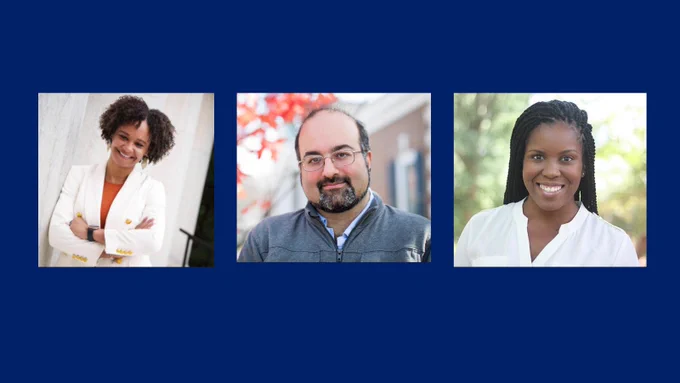 Individual portraits of Tracie Canada, Omid Safi and Candis Watts-Smith smiling against a dark blue background