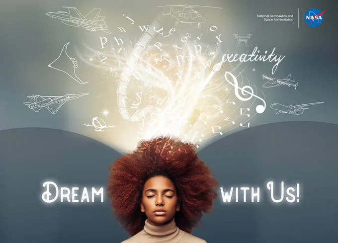 A young woman with her eyes closed has a flurry of notes and ideas scribbled above her head representing daydreams about the future of aviation with the title "Dream With Us!"