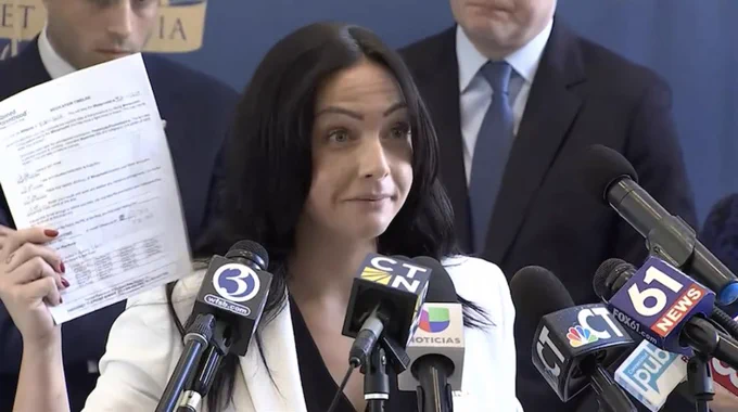 Liz holding her medication abortion instructions up while speaking at a press conference