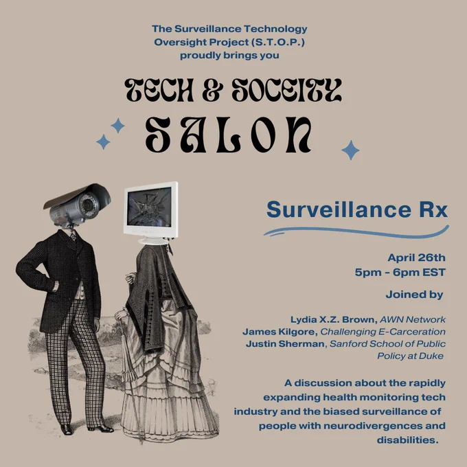 Poster announcing the event. A sketch of two Victorian-era people is on the left of the image. One of the figures has a surveillance camera for a head, the other has a broken monitor for a head. 