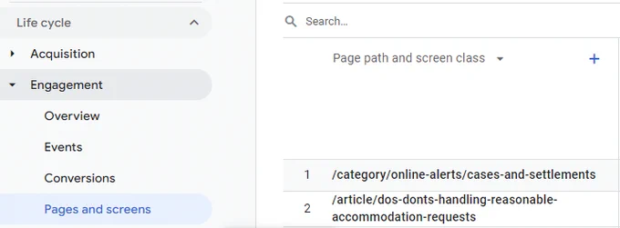 The "Pages and screens" report has a dropdown list where you can change the view from "Page title and screen class" to "Page path and screen class".