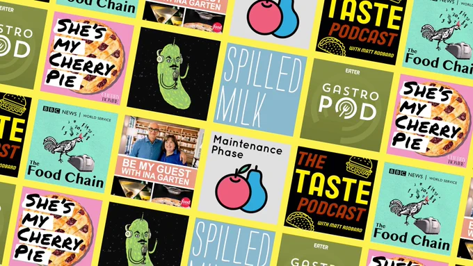 A photo collage of various food podcast logos, including She's My Cherry Pie, The Taste Podcast, Maintenance Phase, Spilled Milk, The Food Chain, and Be My Guest With Ina Garten.
