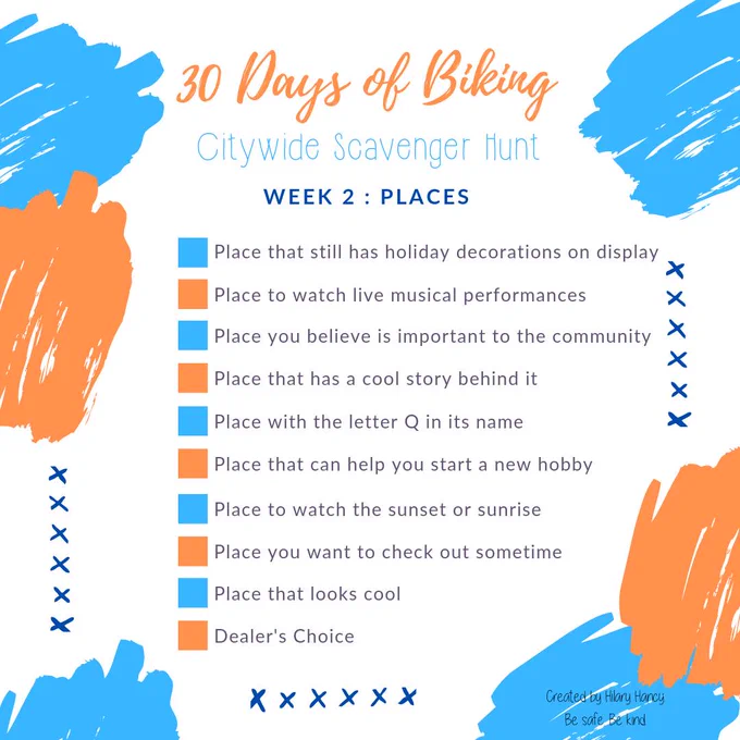 30 Days of Biking Citywide Scavenger Hunt with a Week 2 theme of Places