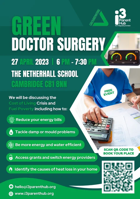 Would you like to save money on your household bills and tackle common home problems like dampness and mould? 

Join us for our next FREE in-person workshop on Thursday, 27th April, where our energy-efficiency expert at Groundwork East will help you take control of your bills, identify the causes of heat loss, be more energy and water efficient, and more. 

Pre-registration is essential. 

Book your FREE place at: https://bit.ly/GreenDoctorSurgery

Date: Thursday, 27th April 2023
Time: 6 pm - 7:30 pm
Venue: The Netherhall School