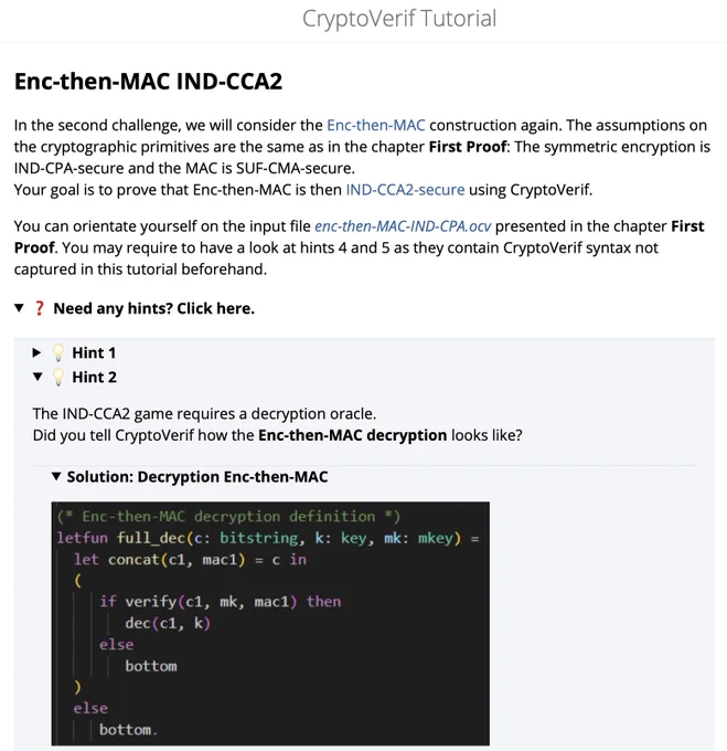 A section of the CryptoVerif tutorial showing a challenge and a hint for its solution.