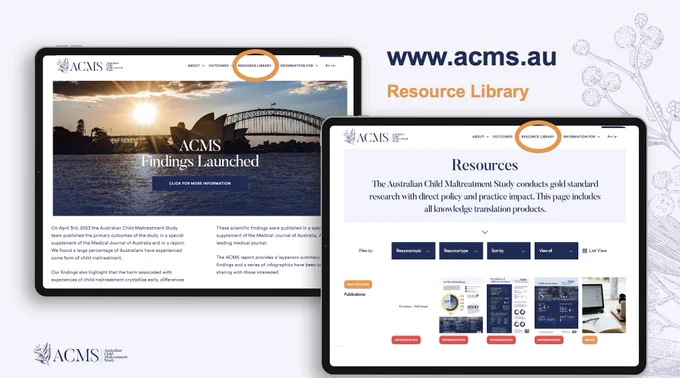 Images of ACMS home page with picture of Sydney harbour and picture of a resource library located on the website


