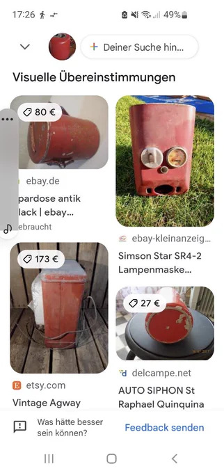Screenshot einer Ergebnisseite bei Google Lens - oben im Kreis ein - nicht gut erkennbares - Foto eines Doppelspitzers in roter Dose, darunter die visuellen Übereinstimmungen - viele elektrische Geräte mit Preisen ... Alle rot.