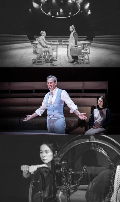 Three images, one of two people together in front of a circle of rounded tables, one of a person wearing a smart waistcoat and suit, and one of a person turning a winch