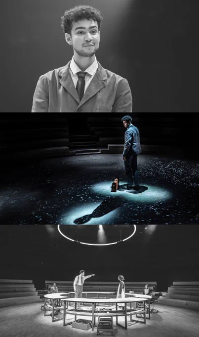 Three images, one close-up of a person wearing a suit and tie, one of a person standing under a spotlight with a briefcase on the floor next to them, surrounded by starry projections, and one of two people standing talking to each other surrounded by a circle of rounded tables.