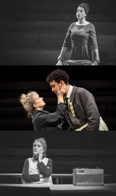 Three images, one of a person wearing a dress and hair wrap, singing; one of two people facing each other, with one of them cupping their hands around the other's face; one of a person sitting listening to a radio.