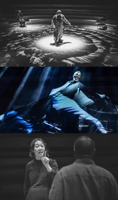Three images: one of a person standing on a round stage, surrounded by patterns of waves on the floor, one of a person wrapped up fabrics, one of a person raising their hand and pointing as if speaking.