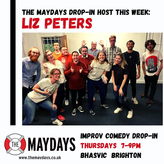 Event image for The Maydays improv comedy drop-in, Thursdays at BHASVIC in Brighton 7-9pm each week. Image of 13 attendees of a drop-in, some smiling, waving and with thumbs up
