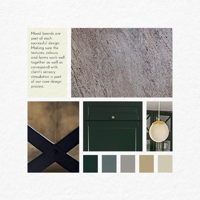 Mood boards are part of each successful design. Making sure the textures, colours, and forms work well together as well as correspond with the client’s sensory stimulation is part of our core design process.