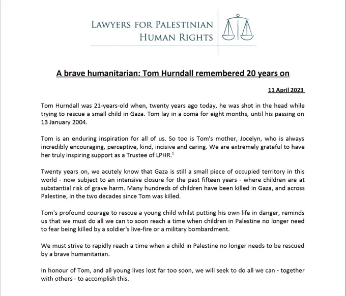 A screenshot of LPHR's statement entitled 'A brave humanitarian: Tom Hurndall remembered 20 years on'. The text can be read at the link